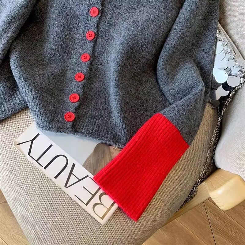 撞色袖口設計針織開衫 柔軟內搭 高級灰毛衣