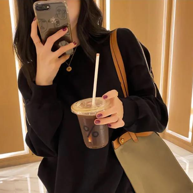 拉鍊露肩大學T 春秋新款 寬鬆顯瘦 長袖圓領