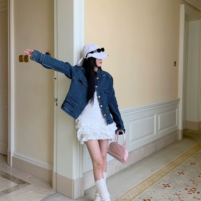 小香風丹寧短版外套 立領金釦 藍色復古感 外搭