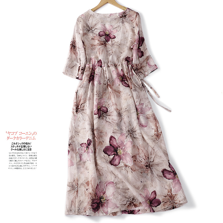 加大尺碼文青風苧麻薄款抽繩收腰碎花圓領洋裝