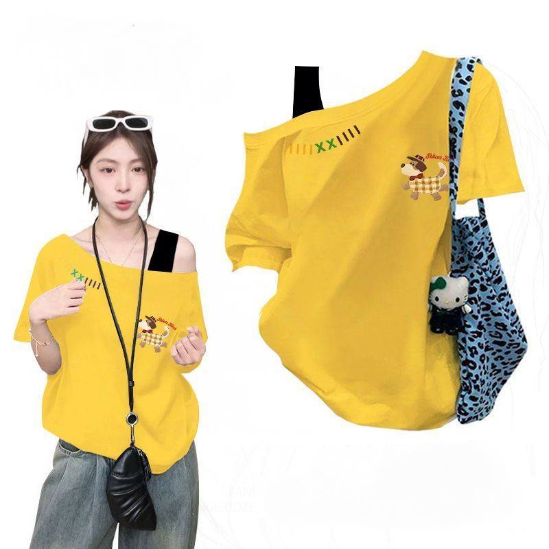 純棉復古印花斜肩假兩件短袖T恤 休閒百搭款