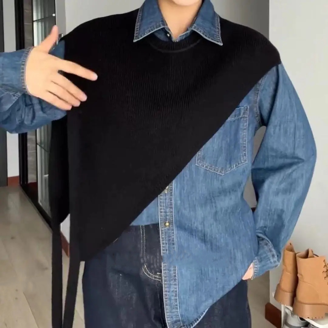 【層次感疊穿】時尚百搭斜肩披肩設計款 針織披肩式無袖馬甲休閒穿搭