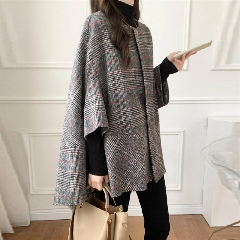 中長版圓領格紋披風外套 秋冬韓系時尚大衣*7色