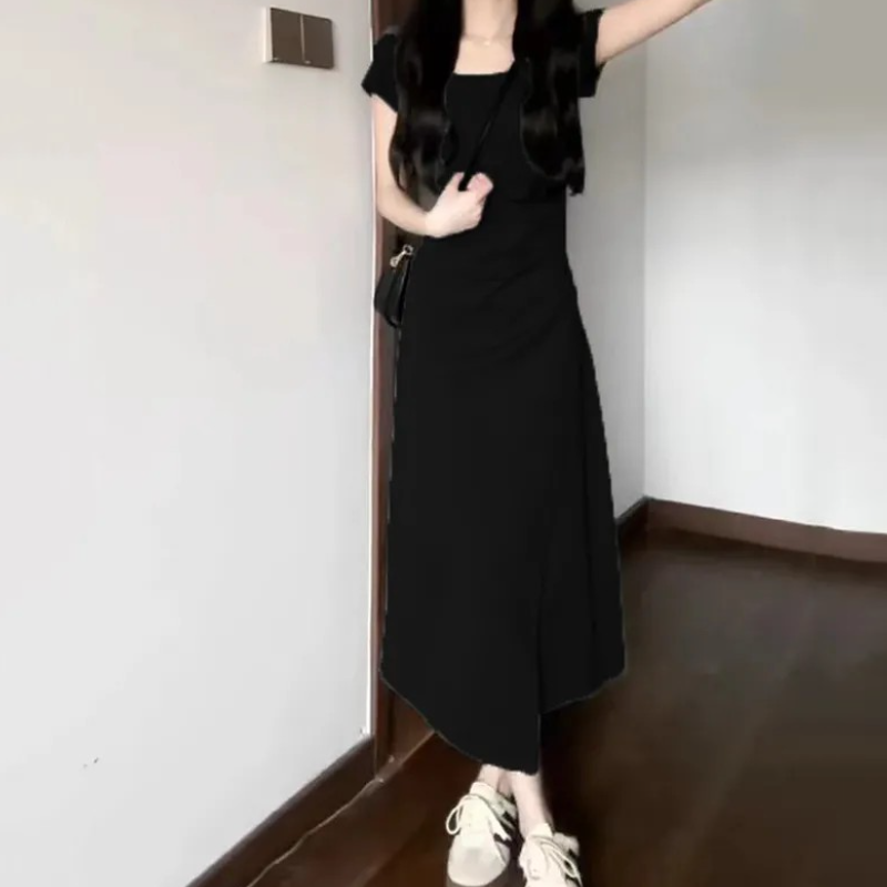 法式氣質收腰短袖連身裙 小眾設計圓領短裙