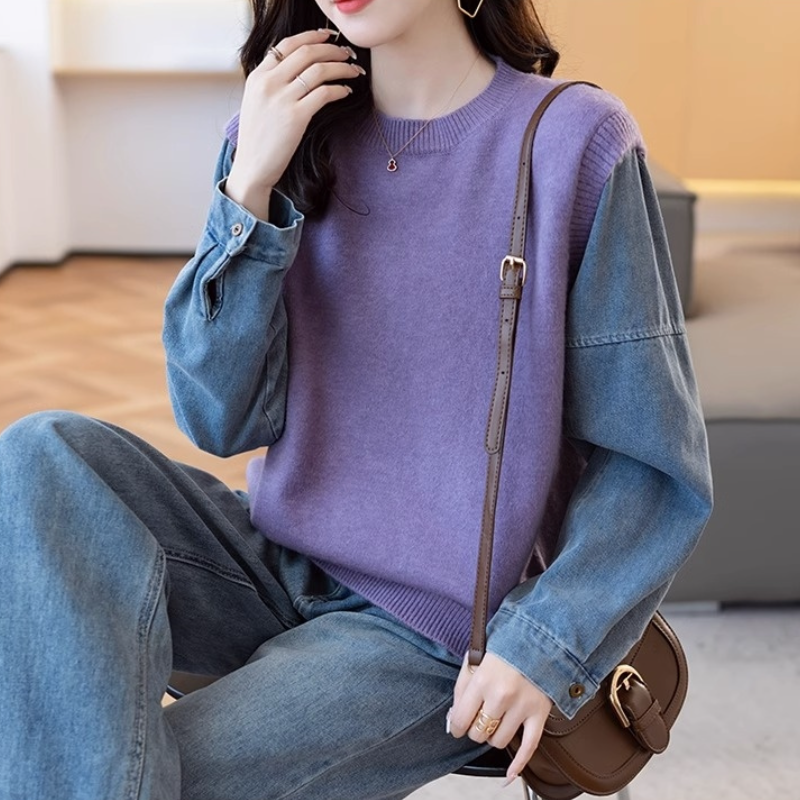 牛仔袖拼接假兩件針織上衣 寬鬆剪裁 秋冬百搭款