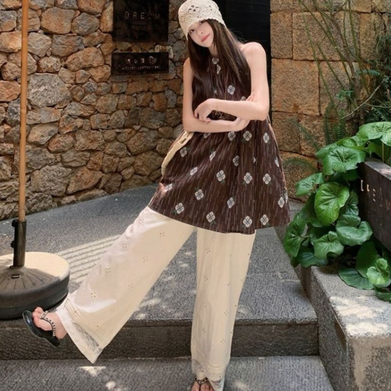 棕色印花無袖上衣 掛脖設計寬鬆剪裁 文青復古風