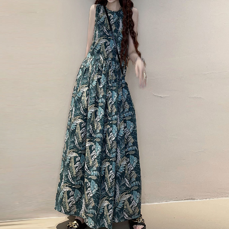 文青系必收 赫本復古長洋裝 韓系A字寬版遮小腹顯瘦裙 透氣背心式連身裙 森女風長版過膝洋裝