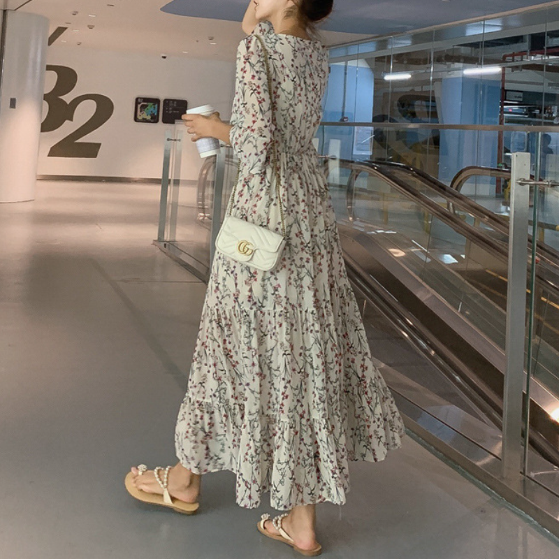 浪漫渡假風碎花雪紡連身裙 森系淑女連身洋裝