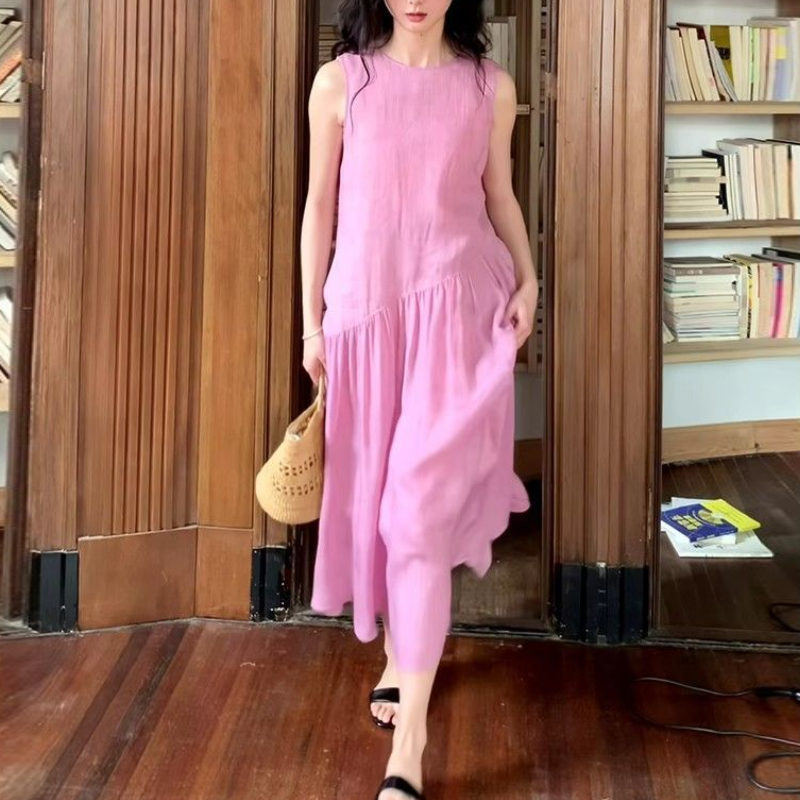 素色棉麻連身裙 韓系減齡棉質鬆身洋裝