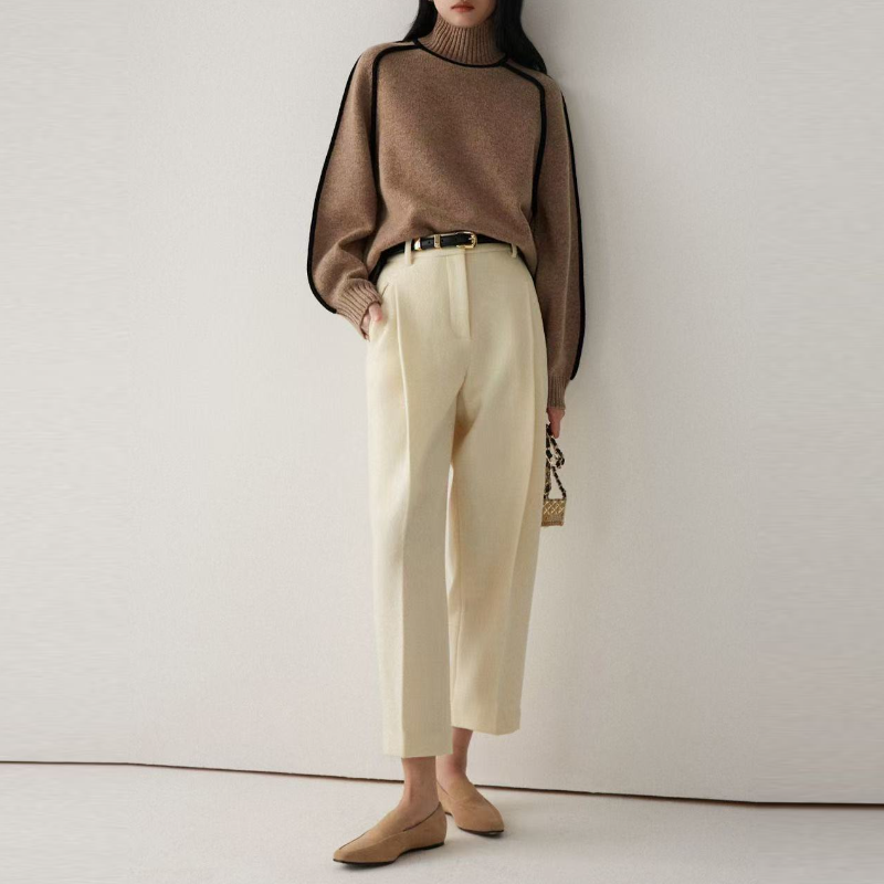 高領插肩針織毛衣 法式感燈籠袖 滾邊設計 寬鬆版型