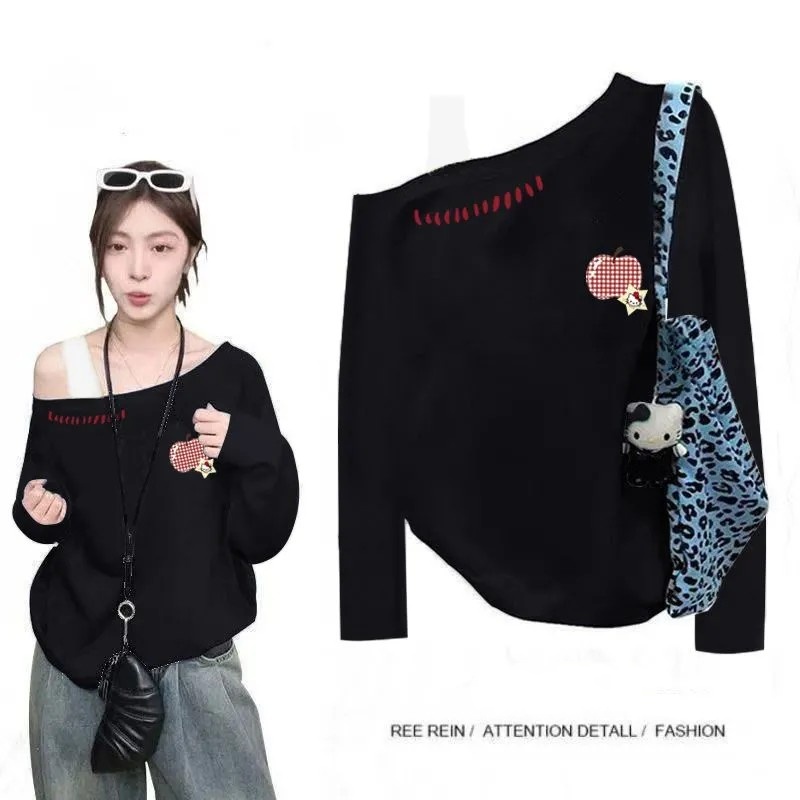 純棉斜肩假兩件長袖T恤 秋季寬鬆 設計感印花 不對稱露肩 百搭