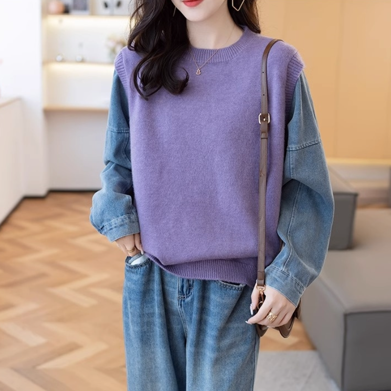 牛仔袖拼接假兩件針織上衣 寬鬆剪裁 秋冬百搭款