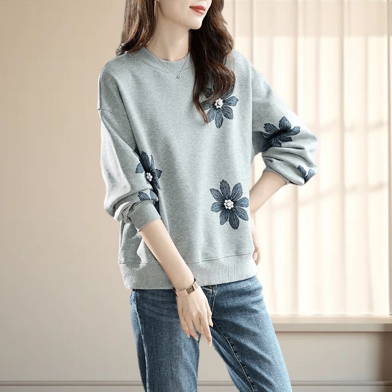 韓系印花大學T 圓領長袖 小花立體釘珠 設計感上衣