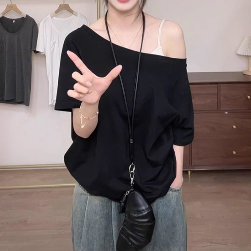 純欲韓系設計感斜肩短袖t恤 寬鬆顯瘦氣質剪裁直角肩