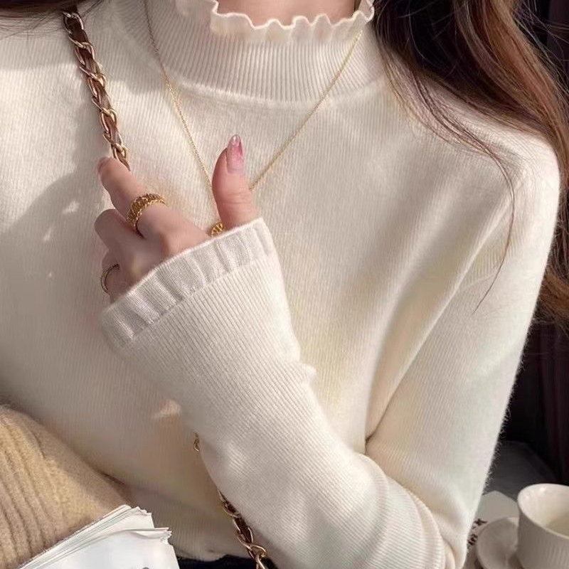 韓國花邊立領上衣-素面蕾絲婚禮OL針織長袖拼接親膚