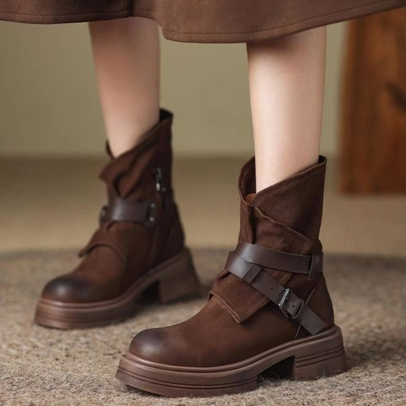 法式復古馬丁靴-秋冬新款厚底軟皮短靴 側拉鍊設計