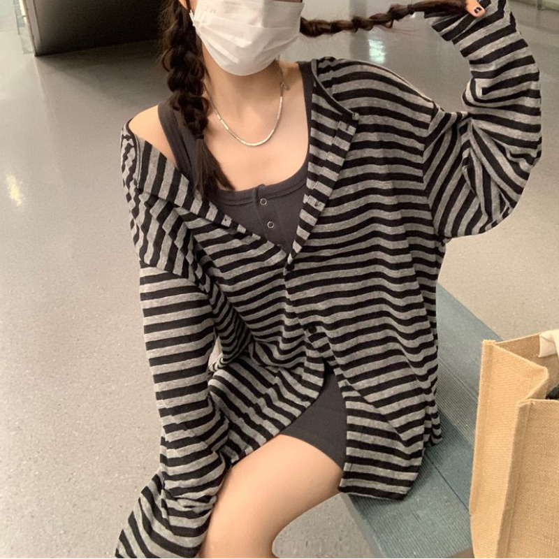 條紋針織開襟外套＋背心洋裝｜兩件式 甜辣風 修身顯瘦（長版／短版）