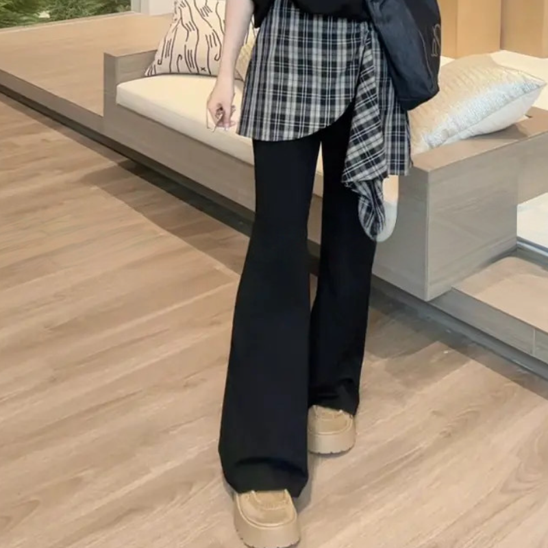 兩件式休閒套裝 長袖上衣＋高腰寬褲（拼接設計）