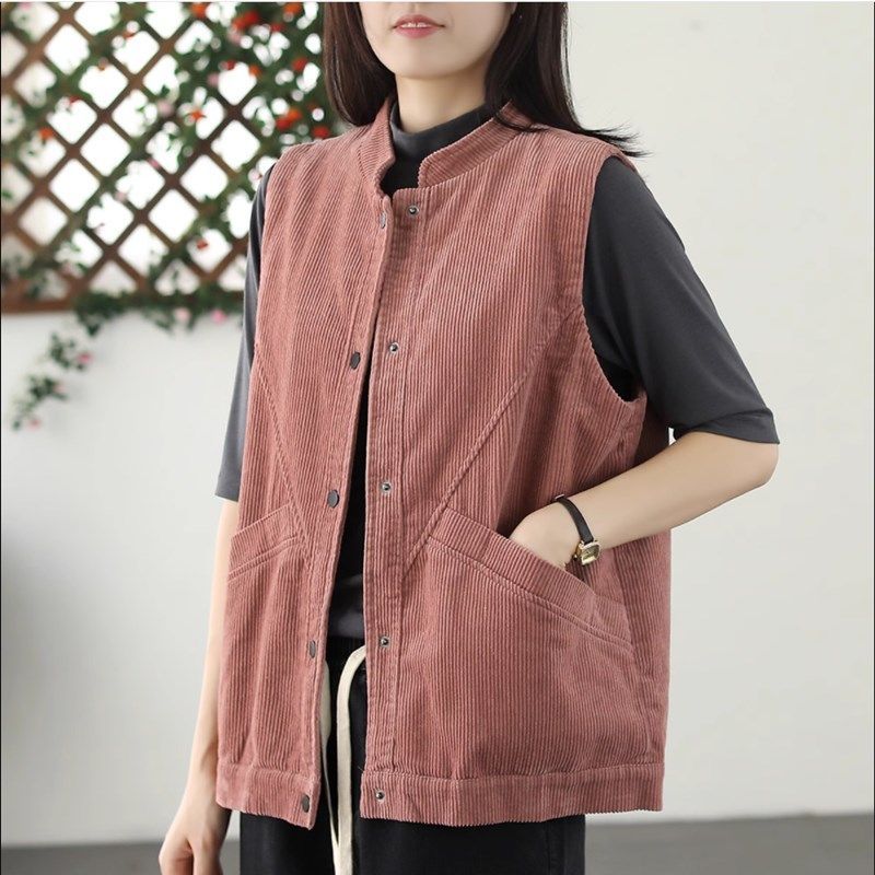 復古燈芯絨背心外套 超柔手感 春秋外搭 文青休閒 寬鬆百搭 無袖