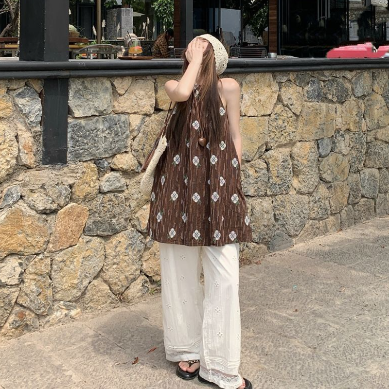 棕色印花無袖上衣 掛脖設計寬鬆剪裁 文青復古風