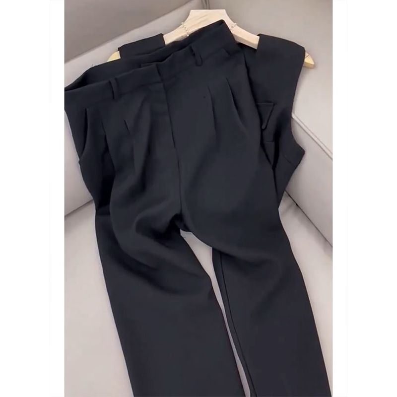 韓系兩件式套裝 無袖背心上衣＋寬褲 垂墜感 寬鬆顯瘦 外穿有型