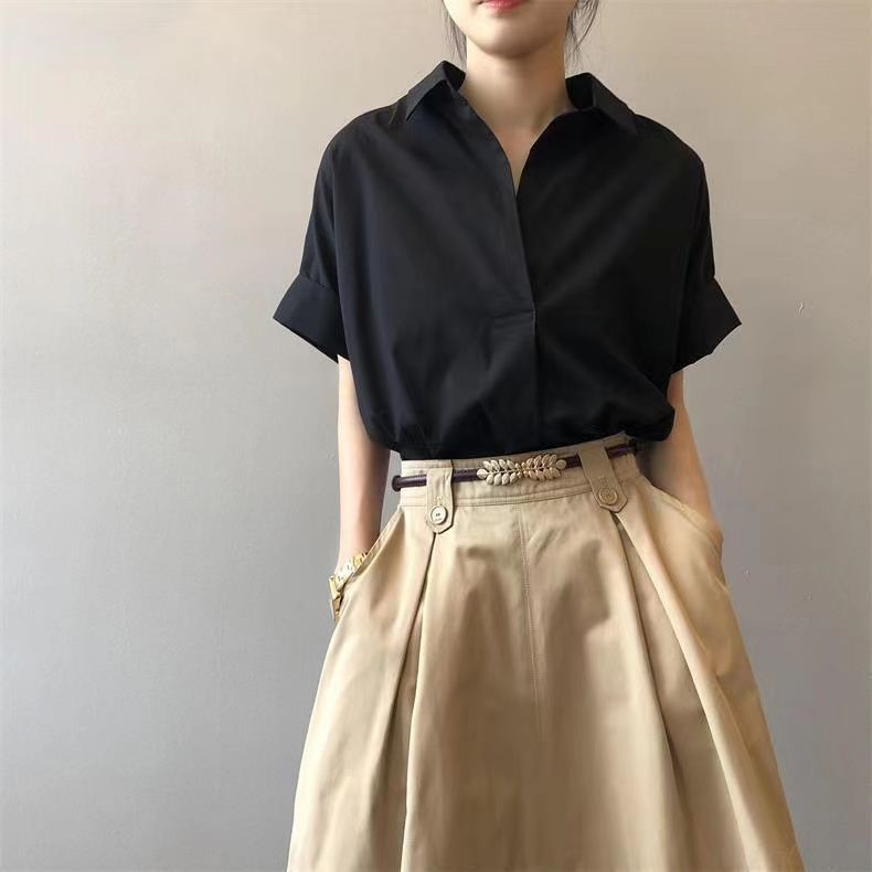 復古夏日V領 蝙蝠袖 通勤顯瘦寬鬆氣質襯衫