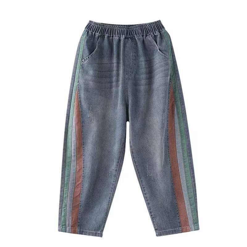 牛仔拼接撞色九分褲 寬鬆好搭 鬆緊腰哈倫版