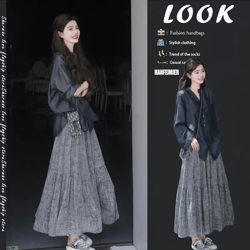 【單品可選】溫柔系時尚兩件套-設計感襯衫+高腰半身裙 韓版輕鬆穿搭