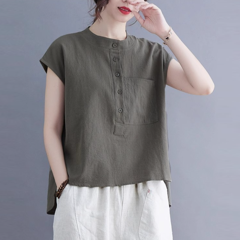 夏季棉麻無袖上衣｜文青風立領素色寬版襯衫 大尺碼百搭款