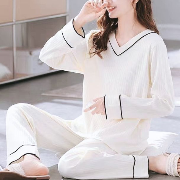 春秋款女士長袖條紋睡衣套裝清新風格家居服