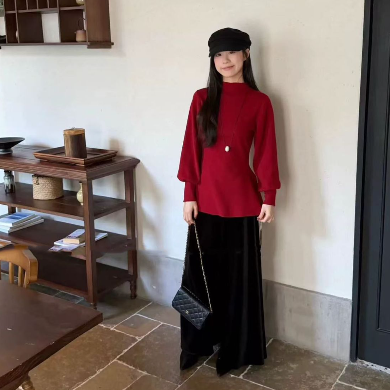 法式半高領荷葉擺針織上衣 燈籠袖 收腰版型 比例更好看