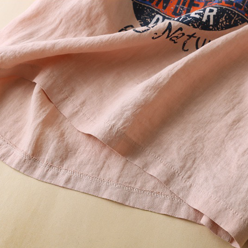 簡約．字母印花圖案上衣  棉麻印花短袖 圓領休閒t恤