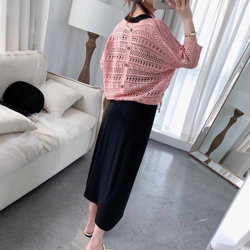 【單品可選】韓版罩衫鏤空蝙蝠袖+連身裙套組兩件套 綁帶紐扣設計透膚時尚感