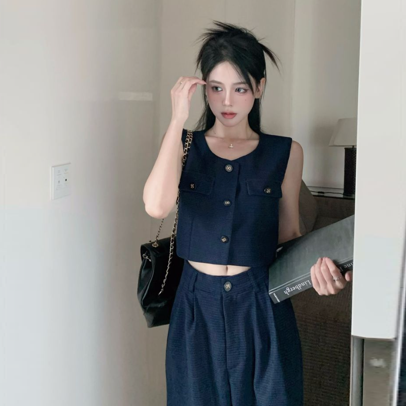 韓系兩件式套裝 無袖背心上衣＋寬褲 垂墜感 寬鬆顯瘦 外穿有型