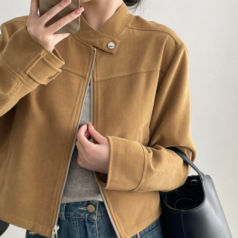 美式復古立領短版夾克 拉鍊門襟 釦帶設計 挺版有型外套