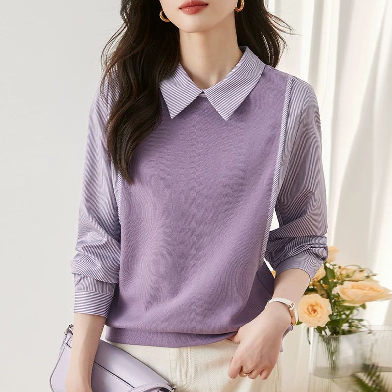 春夏法式條紋假兩件長袖襯衫 高級感豎條紋浪漫紫色翻領上衣