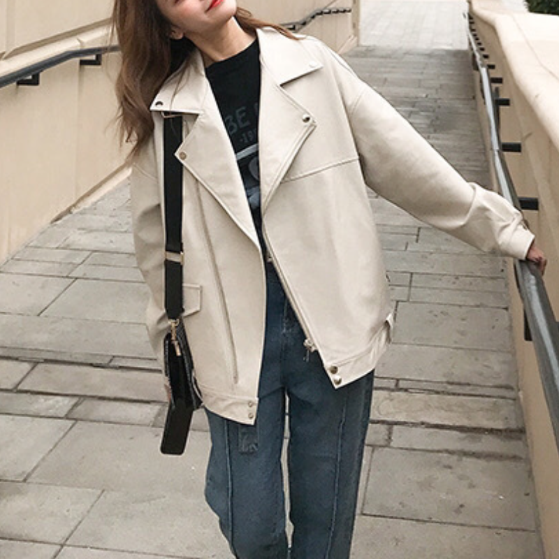 韓版休閒加厚寬鬆PU皮衣夾克短外套