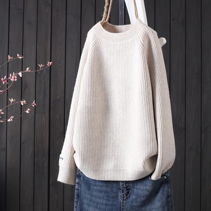 2024秋冬洋氣圓領純色線條紋簡約冬季寬鬆針織衫套頭女裝加厚毛衣
