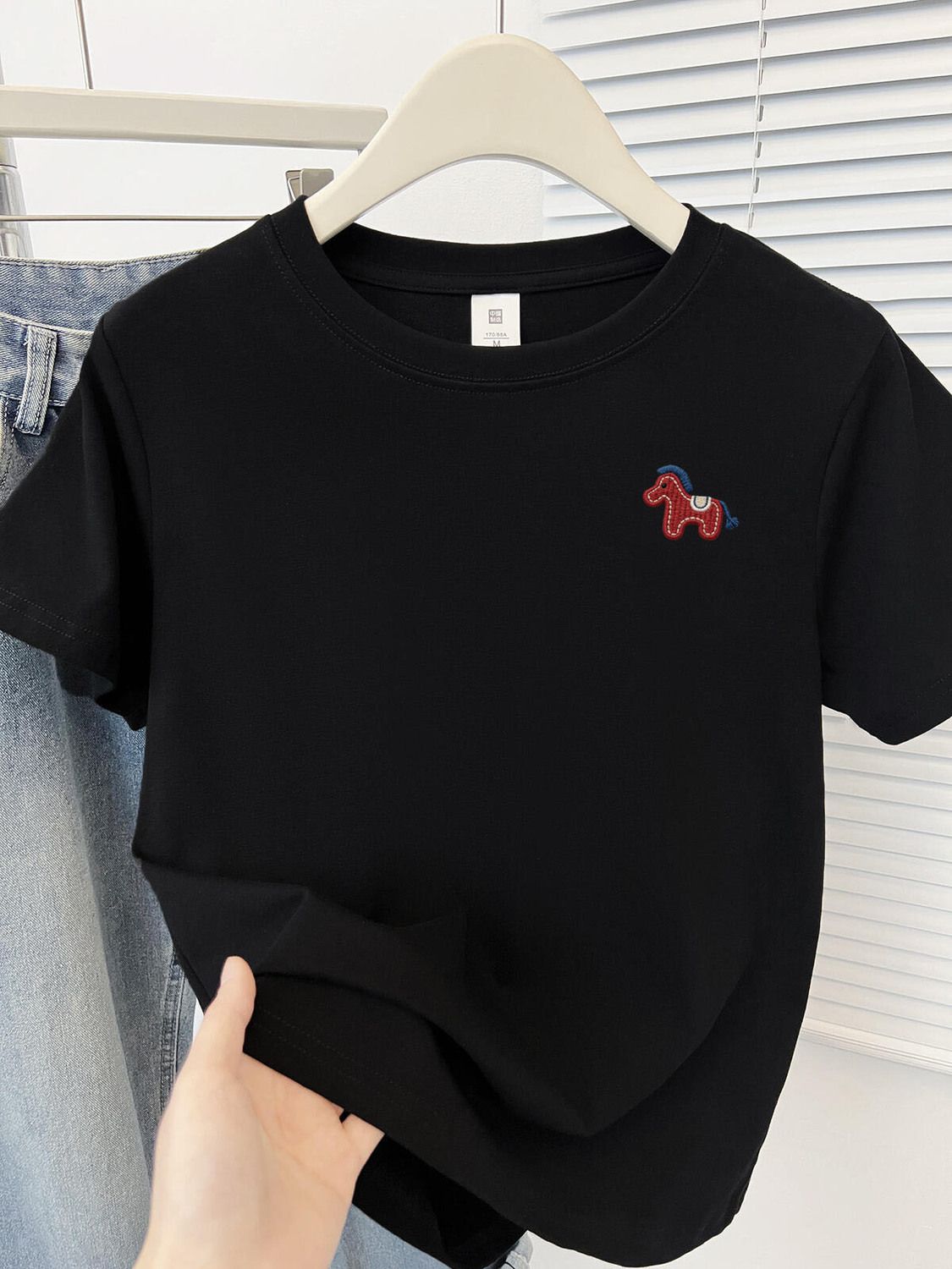 S-4XL純棉小馬刺繡短袖T恤 正版型簡約百搭酒紅上衣