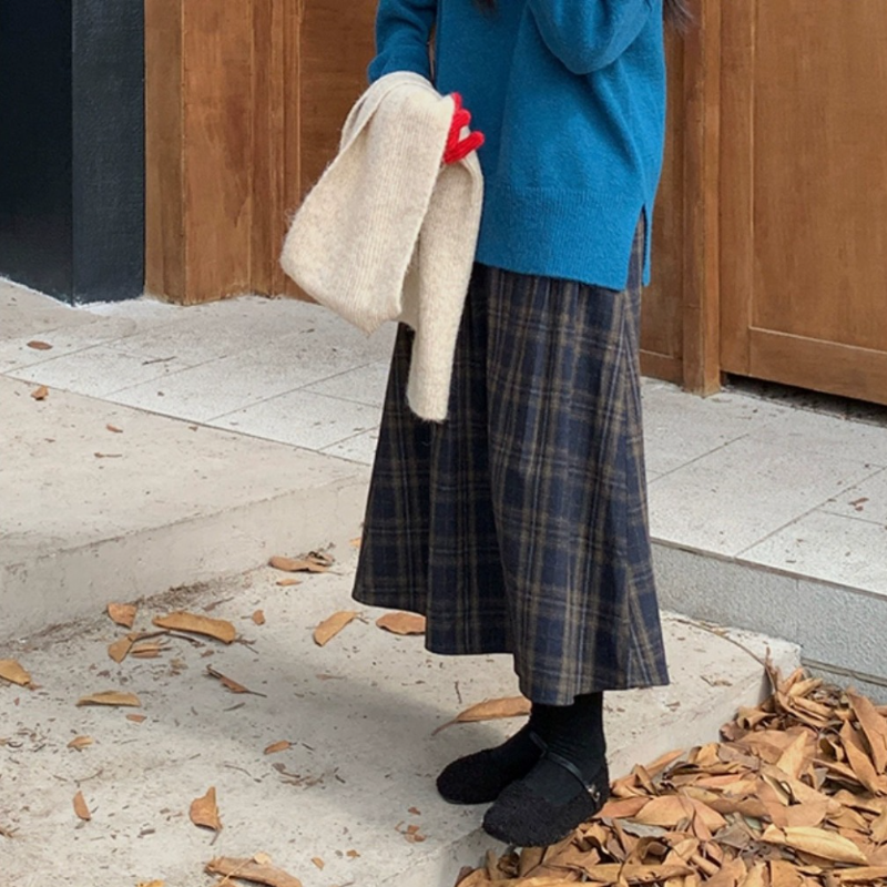 復古格紋毛呢中長裙 高腰A字傘裙 寬鬆顯瘦 修飾臀胯 秋冬百搭