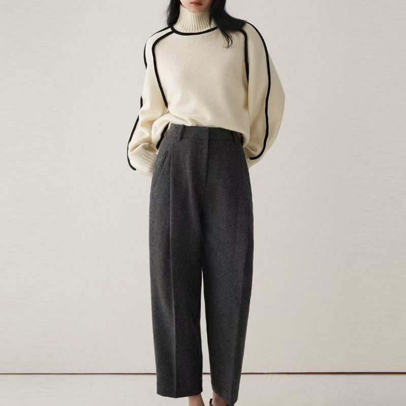 高領插肩針織毛衣 法式感燈籠袖 滾邊設計 寬鬆版型