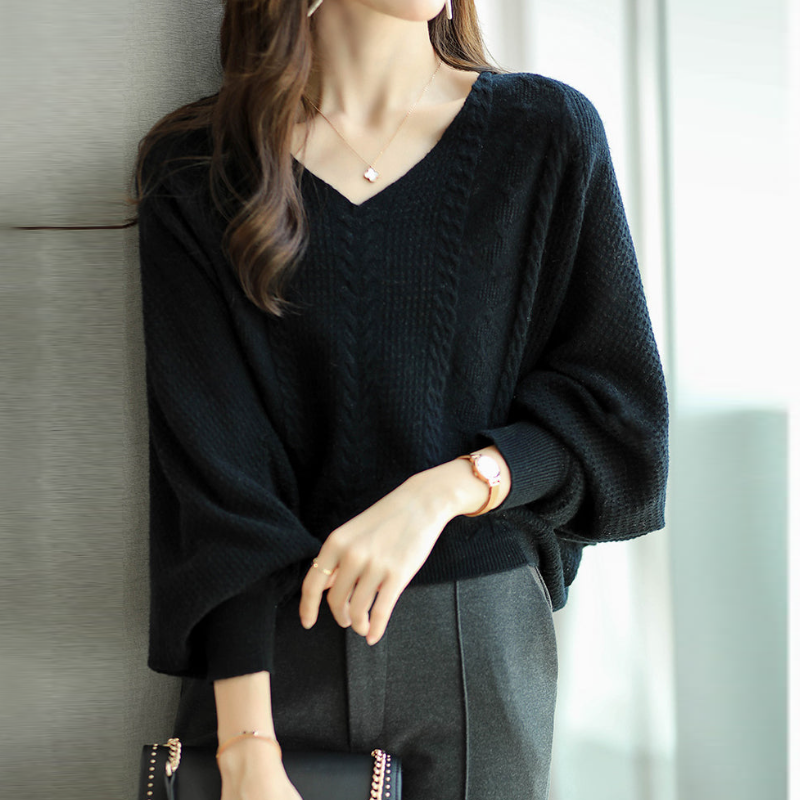 寬鬆蝙蝠袖洞洞毛衣 V 領鏤空針織上衣 韓系休閒