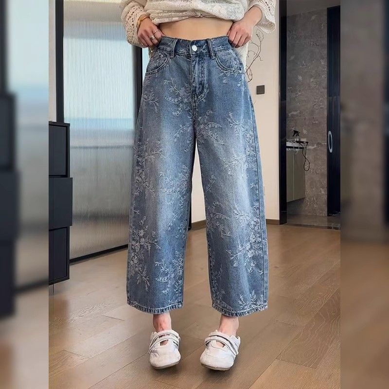 提花牛仔八分寬褲 復古寬鬆直筒 大尺碼友善 梨形身形推薦