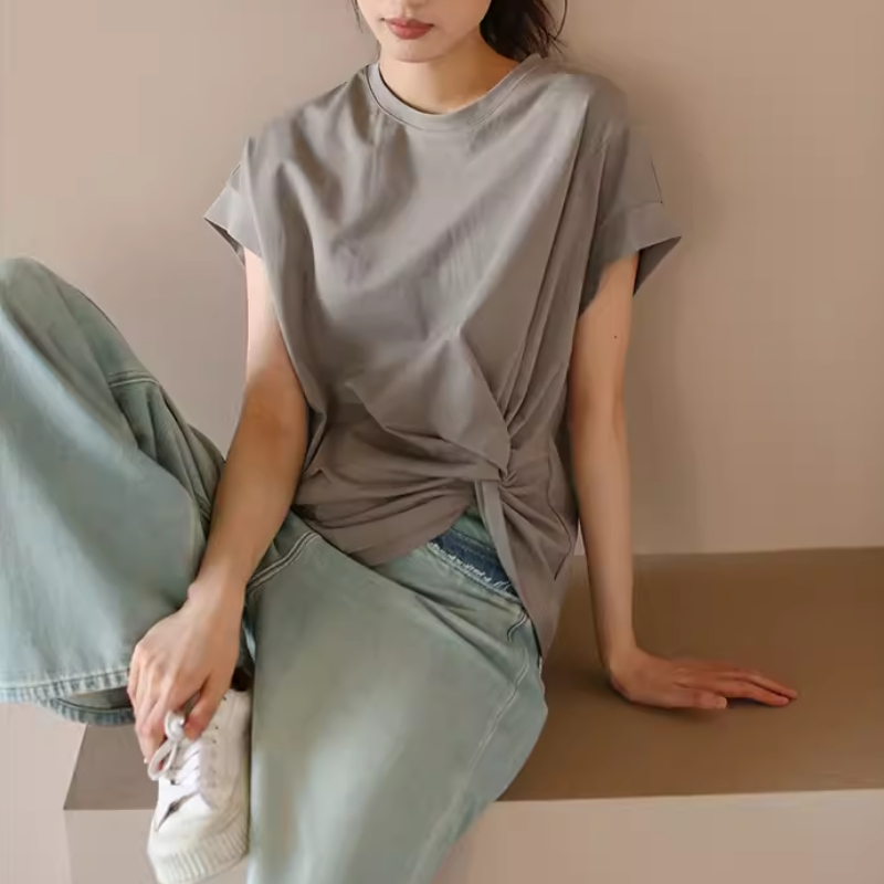 設計感純棉獨特褶皺不規則圓領短袖T恤 半袖上衣