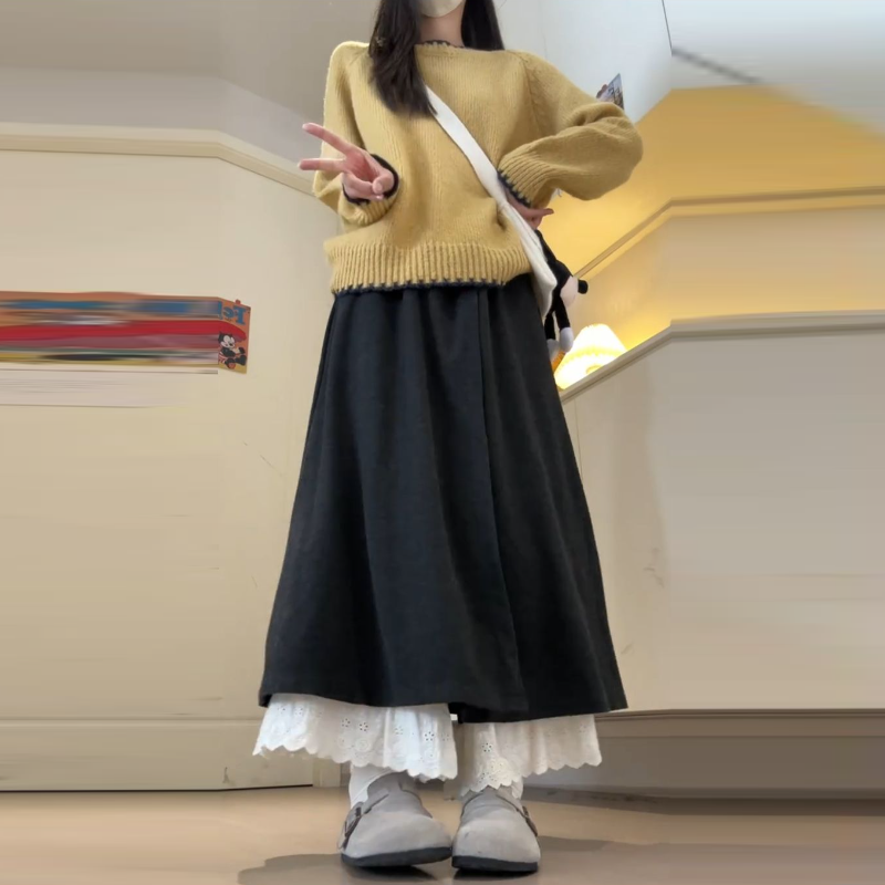 深灰蕾絲拼接褲裙 闊腿垂墜感 嬌小友善 秋季新款