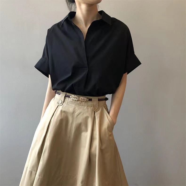 復古夏日V領 蝙蝠袖 通勤顯瘦寬鬆氣質襯衫