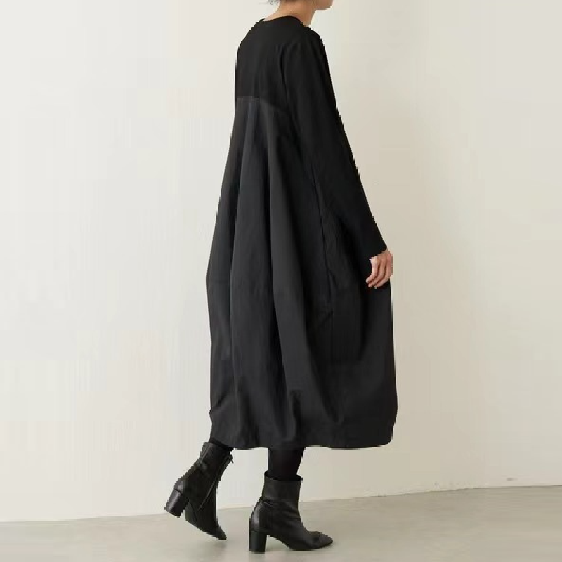 秋冬日韓系樂天圓領長袖針織拼接長款洋裝