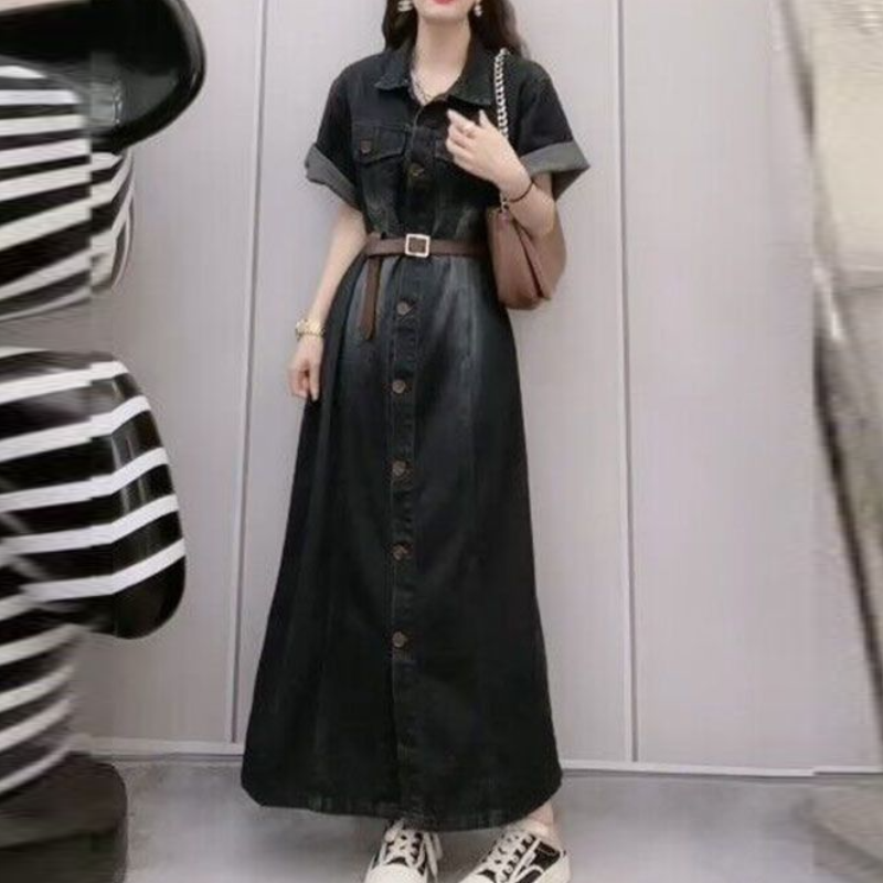 慵懶氣質復古丹寧洋裝 休閒A字裙顯瘦牛仔連身裙 寬鬆大尺碼