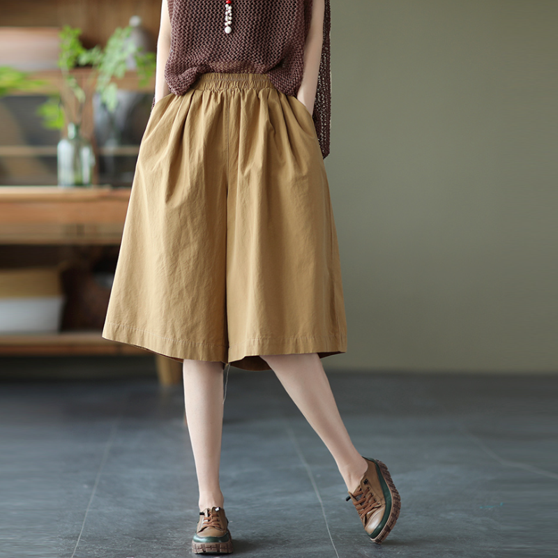 純棉寬版中長褲 鬆緊腰設計 文青休閒風