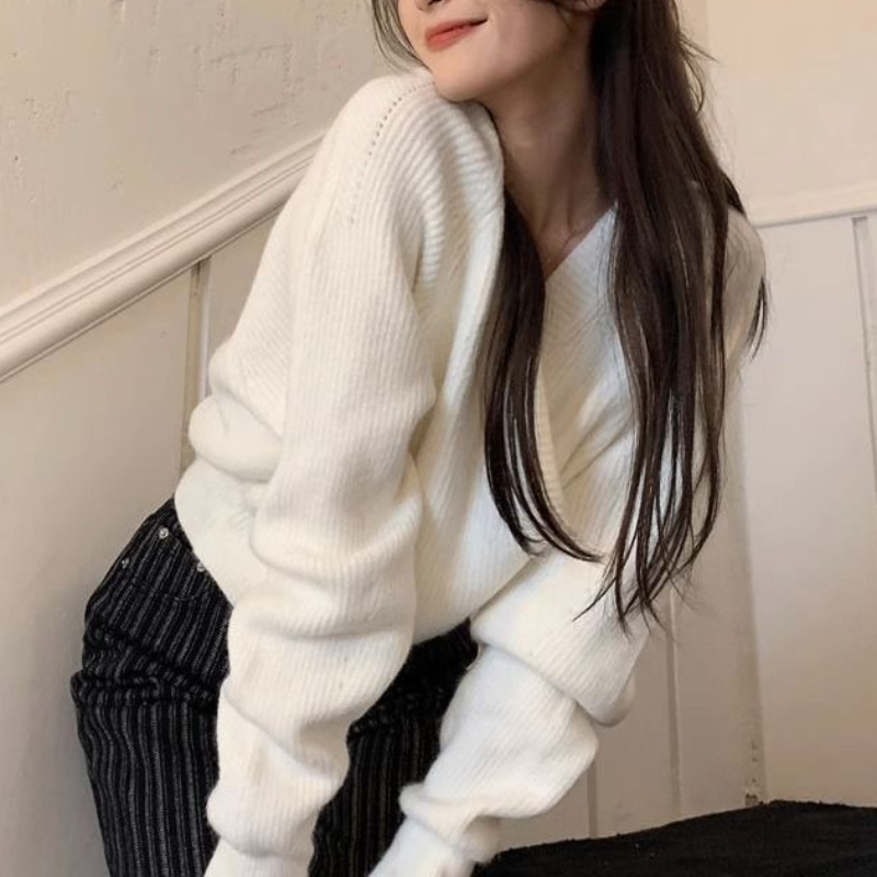 復古慵懶V領短版毛衣 秋冬設計感時尚針織上衣